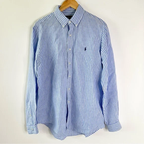 RALPH LAUREN | Ocean Wash Linen Blue and White Stripe Button Long Sleeve Large - Picture 1 of 7
